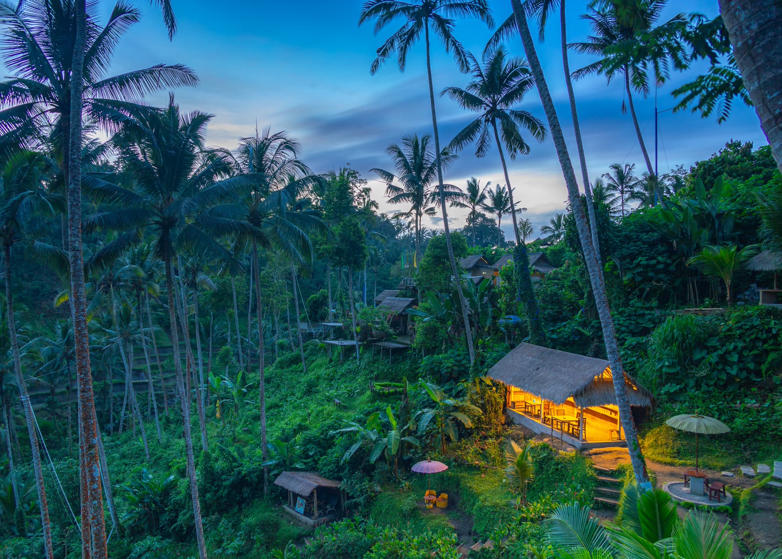O vale de Ubud ao anoitecer, com palmeiras altas e um pavilhão de colmo iluminado por baixo dos terraços.