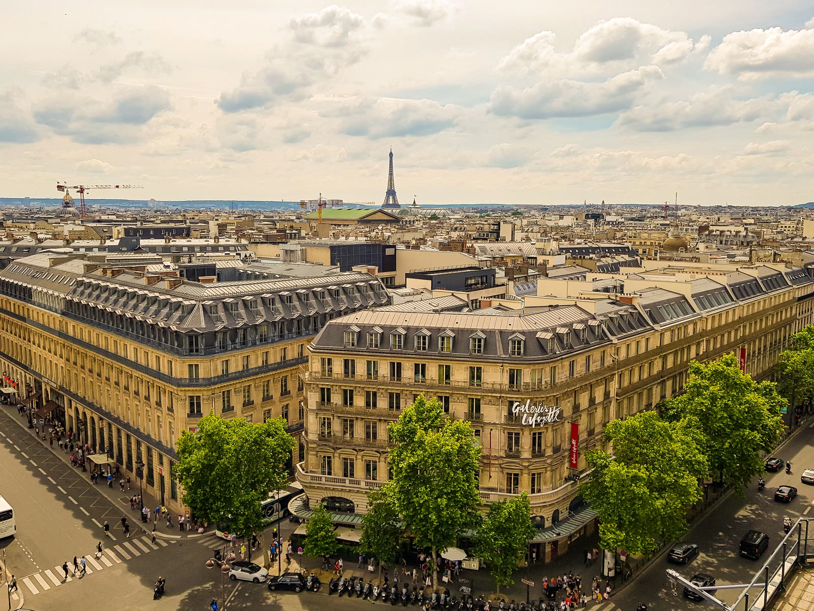 Os telhados de zinco de Paris vistos de cima, com a Torre Eiffel ao longe.